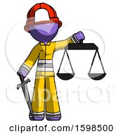 Poster, Art Print Of Purple Firefighter Fireman Man Justice Concept With Scales And Sword Justicia Derived