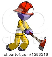 Poster, Art Print Of Purple Firefighter Fireman Man Striking With A Red Firefighters Ax