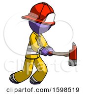 Poster, Art Print Of Purple Firefighter Fireman Man With Ax Hitting Striking Or Chopping