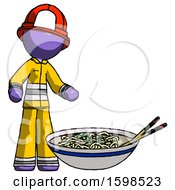 Poster, Art Print Of Purple Firefighter Fireman Man And Noodle Bowl Giant Soup Restaraunt Concept
