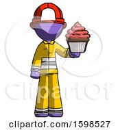 Poster, Art Print Of Purple Firefighter Fireman Man Presenting Pink Cupcake To Viewer