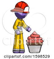 Poster, Art Print Of Purple Firefighter Fireman Man With Giant Cupcake Dessert