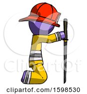 Poster, Art Print Of Purple Firefighter Fireman Man Kneeling With Ninja Sword Katana Showing Respect