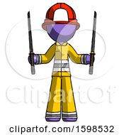 Poster, Art Print Of Purple Firefighter Fireman Man Posing With Two Ninja Sword Katanas Up