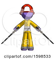 Poster, Art Print Of Purple Firefighter Fireman Man Posing With Two Ninja Sword Katanas