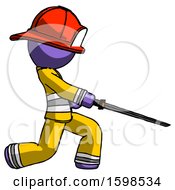 Poster, Art Print Of Purple Firefighter Fireman Man With Ninja Sword Katana Slicing Or Striking Something