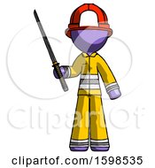 Poster, Art Print Of Purple Firefighter Fireman Man Standing Up With Ninja Sword Katana