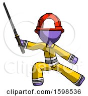 Poster, Art Print Of Purple Firefighter Fireman Man With Ninja Sword Katana In Defense Pose