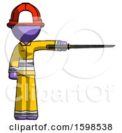Poster, Art Print Of Purple Firefighter Fireman Man Standing With Ninja Sword Katana Pointing Right