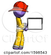 Poster, Art Print Of Purple Firefighter Fireman Man Show Tablet Device Computer To Viewer Blank Area