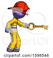 Poster, Art Print Of Purple Firefighter Fireman Man With Big Key Of Gold Opening Something