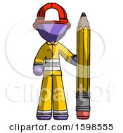 Poster, Art Print Of Purple Firefighter Fireman Man With Large Pencil Standing Ready To Write