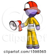 Poster, Art Print Of Purple Firefighter Fireman Man Holding Megaphone Bullhorn Facing Right