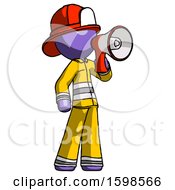 Poster, Art Print Of Purple Firefighter Fireman Man Shouting Into Megaphone Bullhorn Facing Right