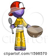 Poster, Art Print Of Purple Firefighter Fireman Man With Empty Bowl And Spoon Ready To Make Something