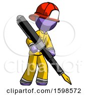 Poster, Art Print Of Purple Firefighter Fireman Man Drawing Or Writing With Large Calligraphy Pen