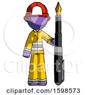 Purple Firefighter Fireman Man Holding Giant Calligraphy Pen