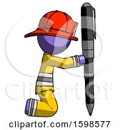Purple Firefighter Fireman Man Posing With Giant Pen In Powerful Yet Awkward Manner