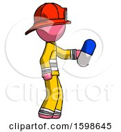 Poster, Art Print Of Pink Firefighter Fireman Man Holding Blue Pill Walking To Right