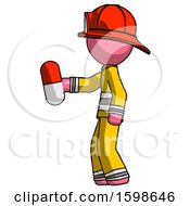 Poster, Art Print Of Pink Firefighter Fireman Man Holding Red Pill Walking To Left