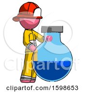 Poster, Art Print Of Pink Firefighter Fireman Man Standing Beside Large Round Flask Or Beaker