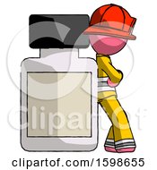 Poster, Art Print Of Pink Firefighter Fireman Man Leaning Against Large Medicine Bottle