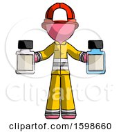 Poster, Art Print Of Pink Firefighter Fireman Man Holding Two Medicine Bottles
