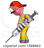 Poster, Art Print Of Pink Firefighter Fireman Man Using Syringe Giving Injection