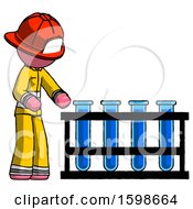Poster, Art Print Of Pink Firefighter Fireman Man Using Test Tubes Or Vials On Rack