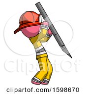 Poster, Art Print Of Pink Firefighter Fireman Man Stabbing Or Cutting With Scalpel