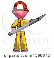 Poster, Art Print Of Pink Firefighter Fireman Man Holding Large Scalpel