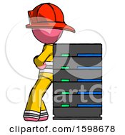 Poster, Art Print Of Pink Firefighter Fireman Man Resting Against Server Rack