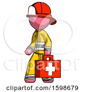 Poster, Art Print Of Pink Firefighter Fireman Man Walking With Medical Aid Briefcase To Left