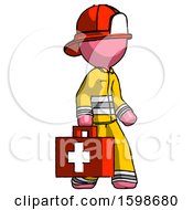 Poster, Art Print Of Pink Firefighter Fireman Man Walking With Medical Aid Briefcase To Right