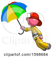 Poster, Art Print Of Pink Firefighter Fireman Man Flying With Rainbow Colored Umbrella