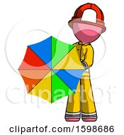 Poster, Art Print Of Pink Firefighter Fireman Man Holding Rainbow Umbrella Out To Viewer