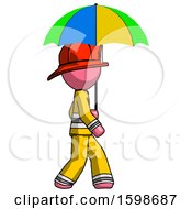 Poster, Art Print Of Pink Firefighter Fireman Man Walking With Colored Umbrella