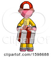 Poster, Art Print Of Pink Firefighter Fireman Man Gifting Present With Large Bow Front View