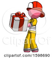 Poster, Art Print Of Pink Firefighter Fireman Man Presenting A Present With Large Red Bow On It