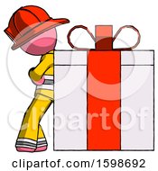 Pink Firefighter Fireman Man Gift Concept Leaning Against Large Present