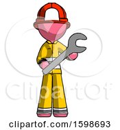 Poster, Art Print Of Pink Firefighter Fireman Man Holding Large Wrench With Both Hands