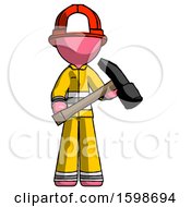 Poster, Art Print Of Pink Firefighter Fireman Man Holding Hammer Ready To Work
