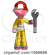 Poster, Art Print Of Pink Firefighter Fireman Man Holding Wrench Ready To Repair Or Work