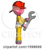 Poster, Art Print Of Pink Firefighter Fireman Man Using Wrench Adjusting Something To Right