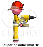 Poster, Art Print Of Pink Firefighter Fireman Man Using Drill Drilling Something On Right Side