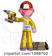 Poster, Art Print Of Pink Firefighter Fireman Man Holding Drill Ready To Work Toolchest And Tools To Right