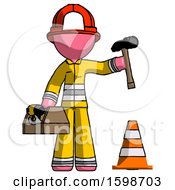 Poster, Art Print Of Pink Firefighter Fireman Man Under Construction Concept Traffic Cone And Tools