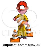 Poster, Art Print Of Pink Firefighter Fireman Man Holding A Traffic Cone