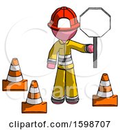 Poster, Art Print Of Pink Firefighter Fireman Man Holding Stop Sign By Traffic Cones Under Construction Concept