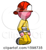 Poster, Art Print Of Pink Firefighter Fireman Man Kneeling Angle View Right